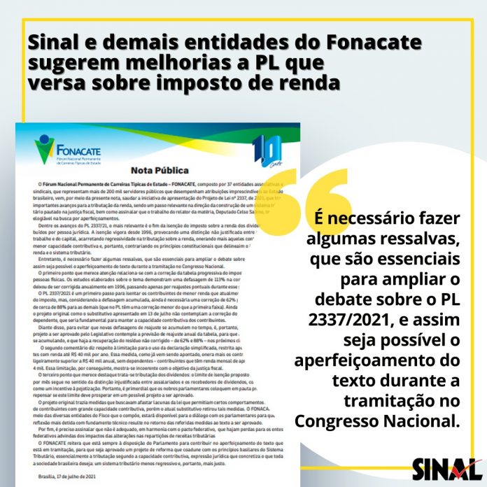 Reforma Tributária: em nota, Sinal e demais entidades do Fonacate sugerem melhorias a PL que versa sobre imposto de renda
