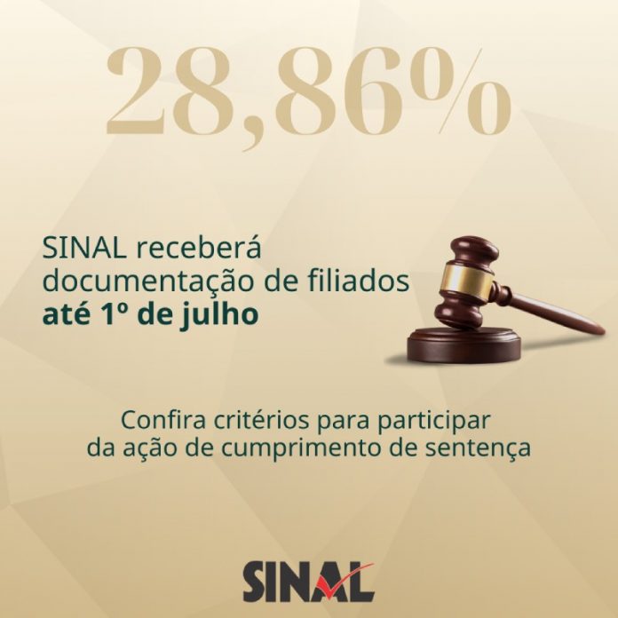 28,86%: SINAL receberá documentação até 1º de julho